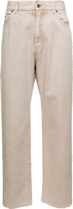 Cream Whie Wide-leg Jeans With Logo Plaque In Cotton Denim Man