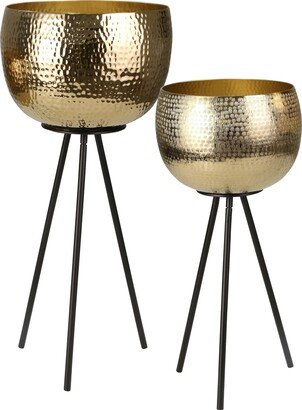 Modern Metal Hammered Bowl with Tripod Legs, Set of 2, Gold and Black