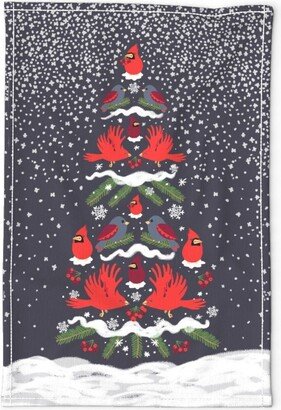Cardinal Trees Tea Towel - Winter Birds Charcoal By Pattern Talent Snowflakes Berries Linen Cotton Canvas Spoonflower