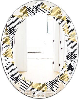 Designart 'Retro Luxury Waves In Gold and Blue VI' Printed Modern Round or Oval Wall Mirror - Leaves