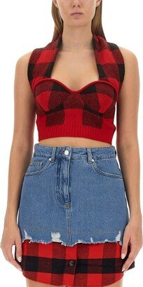Sweetheart Neck Checked Cropped Top