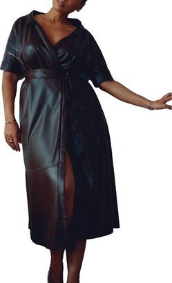 Women's Plus Size Faux Leather Short Sleeve Wrap Dress, - Hot Fudge