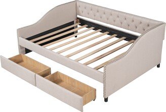 IGEMAN Full Size Tufted Upholstered Sofa Bed Rivets Arms Daybed with 2 Drawers for Small Bedroom City Aprtment Dorm-AA