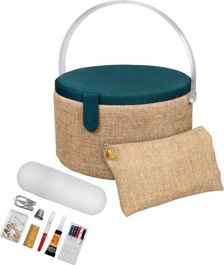 Singer LG Round Sew Basket Burlap Fabric with Matching Zipper Pouch and Sew Kit