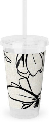 Travel Mugs: Magnolia Garden - Textured - White & Black Acrylic Tumbler With Straw, 16Oz, Beige