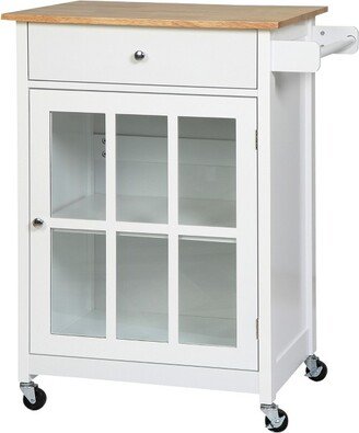 HOMCOM 27 Rolling Kitchen Island Cart with Drawer and Glass Door Cabinet, Kitchen Trolley with Adjustable Shelf and Towel Rack, White