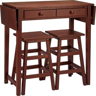 EDWINRAY 3 Piece Handcrafted Kitchen Island Breakfast Table Set, Containing a Table and Two Stools, 2 Drawers, Walnut Brown