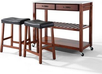 Stainless Steel Top Kitchen Prep Cart with 2 Upholstered Saddle Stools Cherry