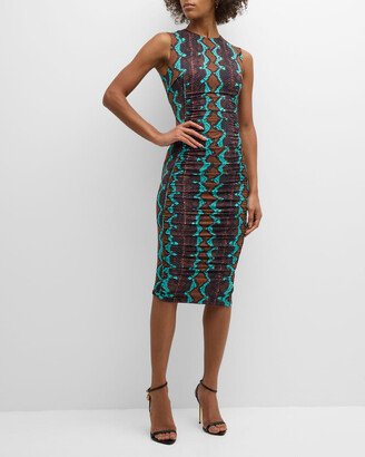 Snakeskin-Print Ruched Sleeveless Midi Dress