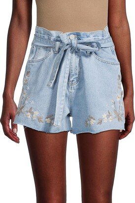 Bailey Floral Embroidered Belted Denim Shorts