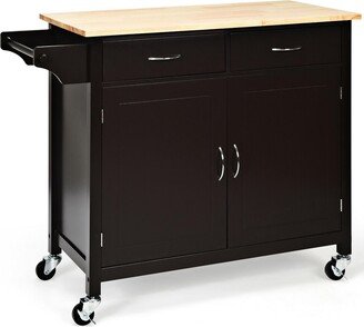 Modern Rolling Kitchen Cart Island Wood Top Storage Trolley Cabinet Utility Brown-AA