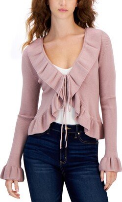 Juniors' Tie-Front Flutter-Sleeve Cardigan Sweater