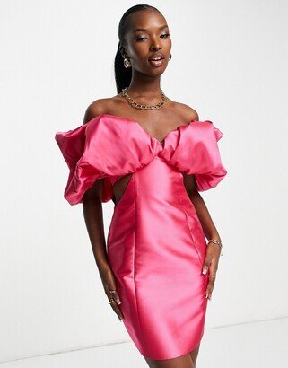 bubble bardot satin mini dress in pink