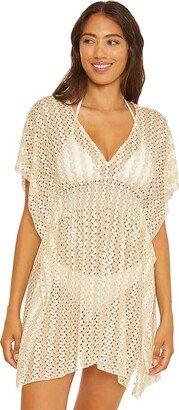 Golden Metallic Crochet Tunic Cover-Up (White/Gold) Women's Swimwear