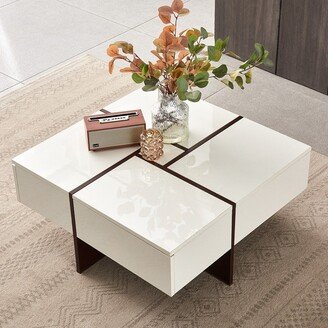 TiramisuBest Victoria Collection Modern Style High Gloss & Veneer Finished Living Room Square Coffee Table with 4 Drawers