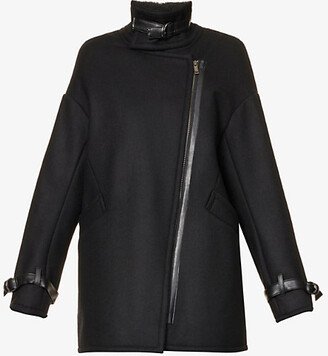 Womens Black Asymmetric-zip Faux-leather Detail Woven Coat