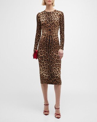 Leopard-Print Long-Sleeve Midi Dress