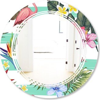 Designart 'Tropical Botanicals, Flowers and Flamingo' Printed Modern Round or Oval Wall Mirror - Triple C