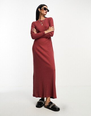 super soft ribbed crew neck midi dress with long sleeve rusty red