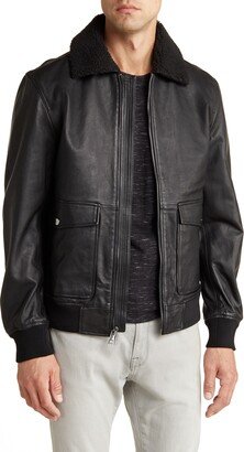 Faux Shearling Collar Leather Aviator Jacket