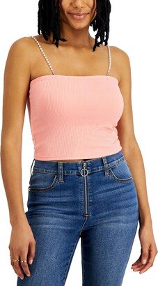 Womens Ribbed Faux Pearl Cropped