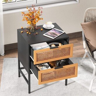 Farfarview Rattan Nightstand 2-Drawer Mid-Century Modern End Table