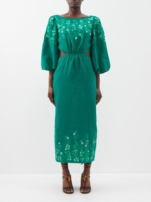 Neelam Floral-embroidered Cutout Linen Dress