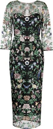 Floral-Embroidered Layered Midi Dress