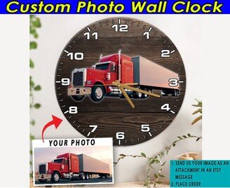 Big Rig Gift Semi-Trailer Truck Personalized Wooden Wall Clock, Unique Gifts For Drivers, Cool Truckers, Custom