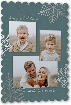 Holiday Cards: Shiny Snowfall Holiday Card, Blue, Silver Foil, 5X7, Holiday, Pearl Shimmer Cardstock, Scallop