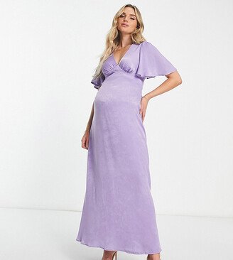 Flounce London Maternity flutter sleeve maxi dress with plunge front in lilac satin