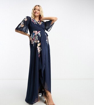 Hope & Ivy Maternity flutter sleeve embroidered wrap maxi dress in navy floral