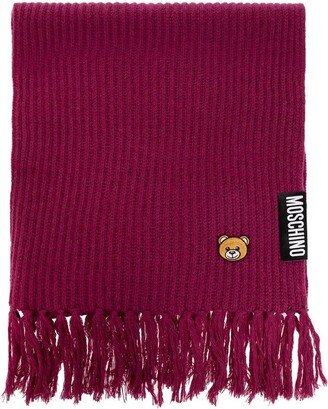 Teddy Bear Ribbed-Knit Fringed Scarf