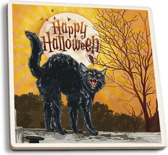 Coaster Set, Halloween, Happy Black Cat & Moon, Lantern Press Artwork, Cork Back, Absorbent Ceramic, Unique Matching Art