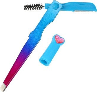 Unique Bargains Portable Foldable 3 in1 Eyebrow Shaping Tool Blue Gradient Rose Red 1 Pc