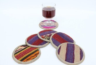 Housewarming Coaster, Kilim Kitchen Decor, Handmade Rug 5x5 Gift Set Of Six, Circle 333