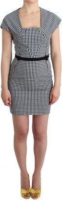 GF Black White Checkered Belted Sheath Women's Dress