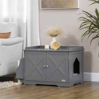 Wide & Large Cat Litter Box Furniture Hidden Farmhouse Table with Magnetic Doors, Big Covered Kitty Litter Box Enclosure Cabinet with Shelves,