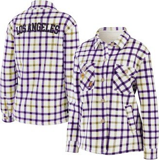 Women's Wear by Erin Andrews Oatmeal, Purple Los Angeles Lakers Plaid Button-Up Shirt Jacket - Oatmeal, Purple