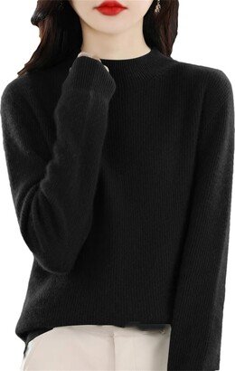 Generic Women 100% Merino Wool Mock Neck Sweater Casual Pullover Sweater Solid Color Cashmere Knitwear Black XXL