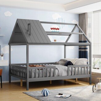 EDWINRAY Full Size Wood House Bed with Fence & Chimney, Sturdy Pine Bed Frame with Roof for Kids' Room, Playhouse Design