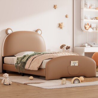 Twin Size Upholstered Platform Bed with Bear-shaped Headboard and Footboard,White+Brown