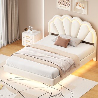 Upholstered Smart LED Bed Frame with Elegant Flowers Headboard,Floating Velvet Platform LED Bed with Wooden Slats Support