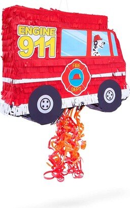 Blue Panda Fire Truck Pull String Pinata for Birthday Party Decorations