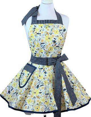 Womens Blue & Yellow Floral Retro Kitchen Apron - Cute Ruffled Baking Cooking Personalized Gift For Friends Family