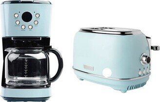 Heritage 12 Cup Programmable Vintage Retro Home Coffee Maker Machine with Heritage 2 Slice Wide Slot Stainless Steel Bread Toaster, Turquoise