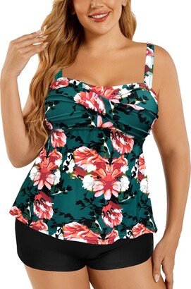 SHEKINI Women Tankini Set Plus Size Twist Front Floral Printed Swimsuit Padded Tummy Control Boyshorts Bathing Suit Two Piece