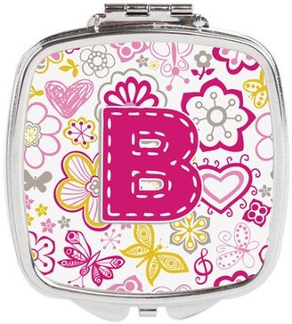 CJ2005-BSCM Letter B Flowers & Butterflies Pink Compact Mirror