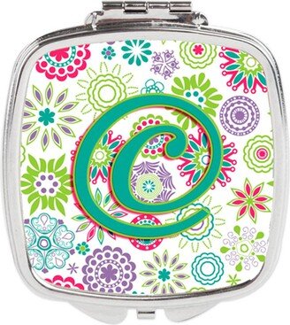 CJ2011-CSCM Letter C Flowers Pink Teal Green Initial Compact Mirror