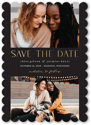 Save The Date Cards: Modern Text Save The Date, Black, 5X7, Pearl Shimmer Cardstock, Scallop